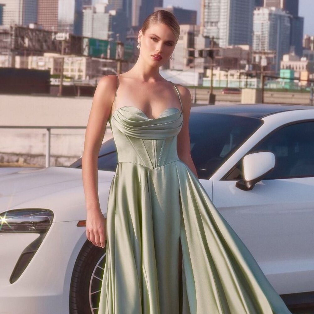 NEW FORMAL A-LINE SOFT SATIN DRESS W/ SPAGHETTI STRAPS & LACE UP BACK CD 7481